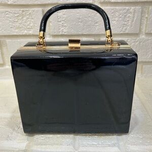 Vintage Black Vinyl Structured Box Handbag with Gold Tone Hardware